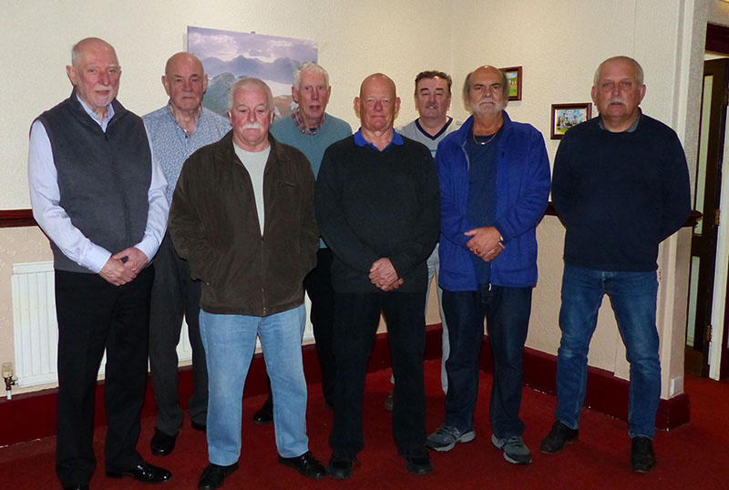 Chairman's Shield Finalists Lostock Hall Cons. Back Row: Tony Harrison, Keith Jolly, Doug Calderbank, Richard Clarkson, Mick Nowell. Front Row: Tony Dixon, Mike Lonsdale (Capt.), Alan Middleton.