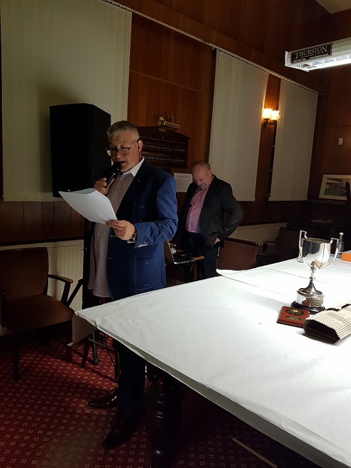 Our wonderful duo in 'action' with Dave 'the mighty' Quinn reading out the prize winners and 'tiny' Trevor Ford providing superb music entertainment.